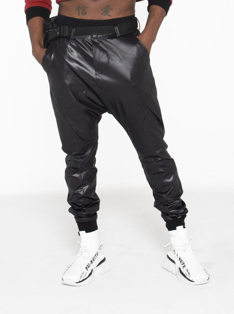 Black Illusion Leather Drop Crotch Joggers