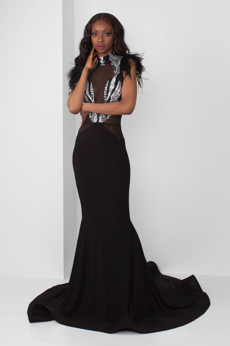 Silver Sequin Sweetheart Illusion Gown (Black) - pacorogiene