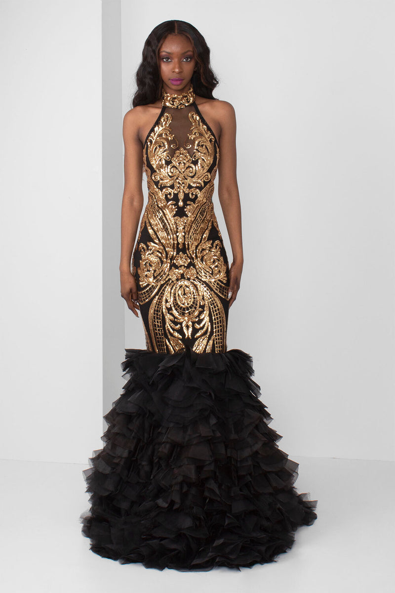 Sequin Halter Gown with Organza Pedal Bottom PacoRogiene NYC LLC Sequin Halter Gown with Organza Pedal Bottom PacoRogiene NYC LLC