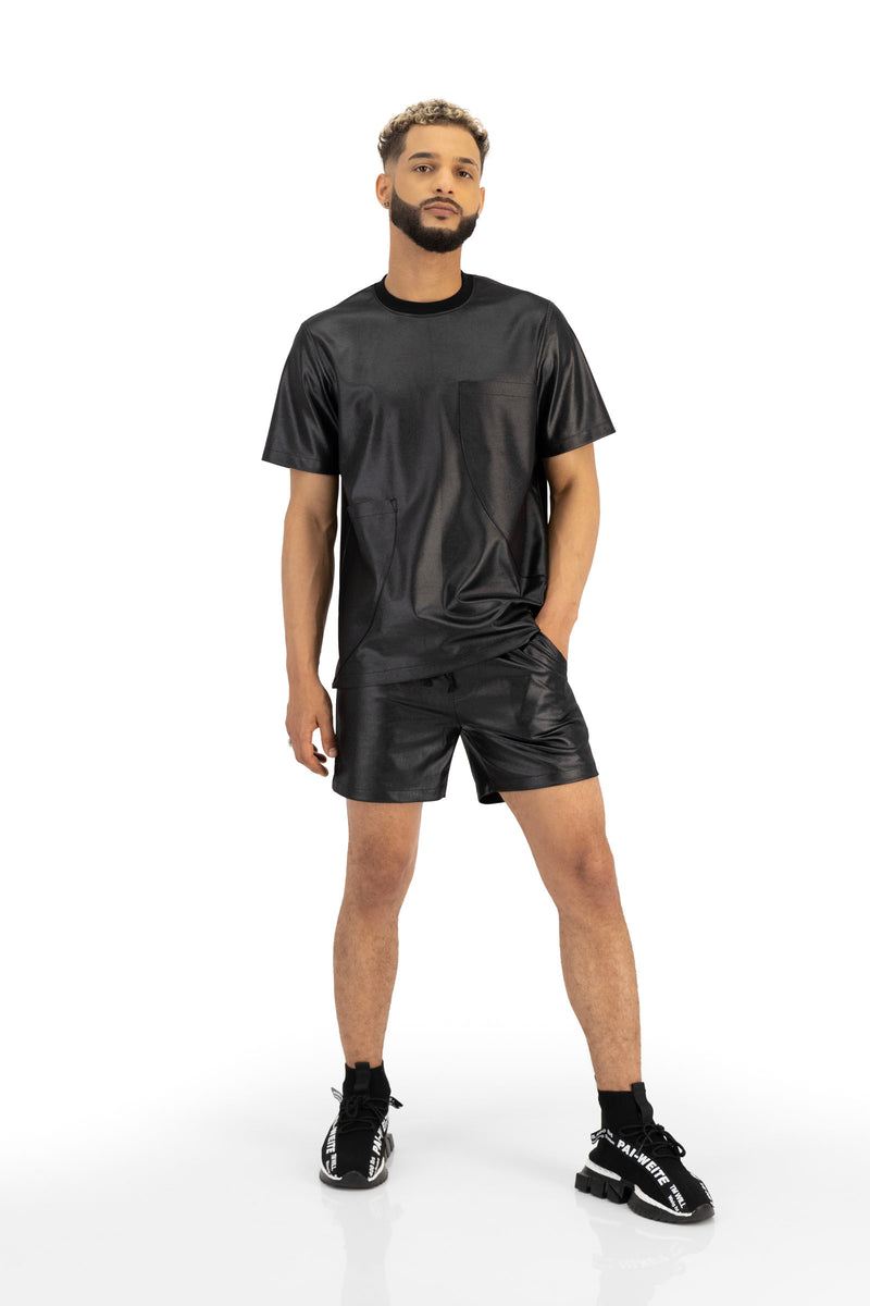 5-inch Black Illusion Leather Drawstring Shorts