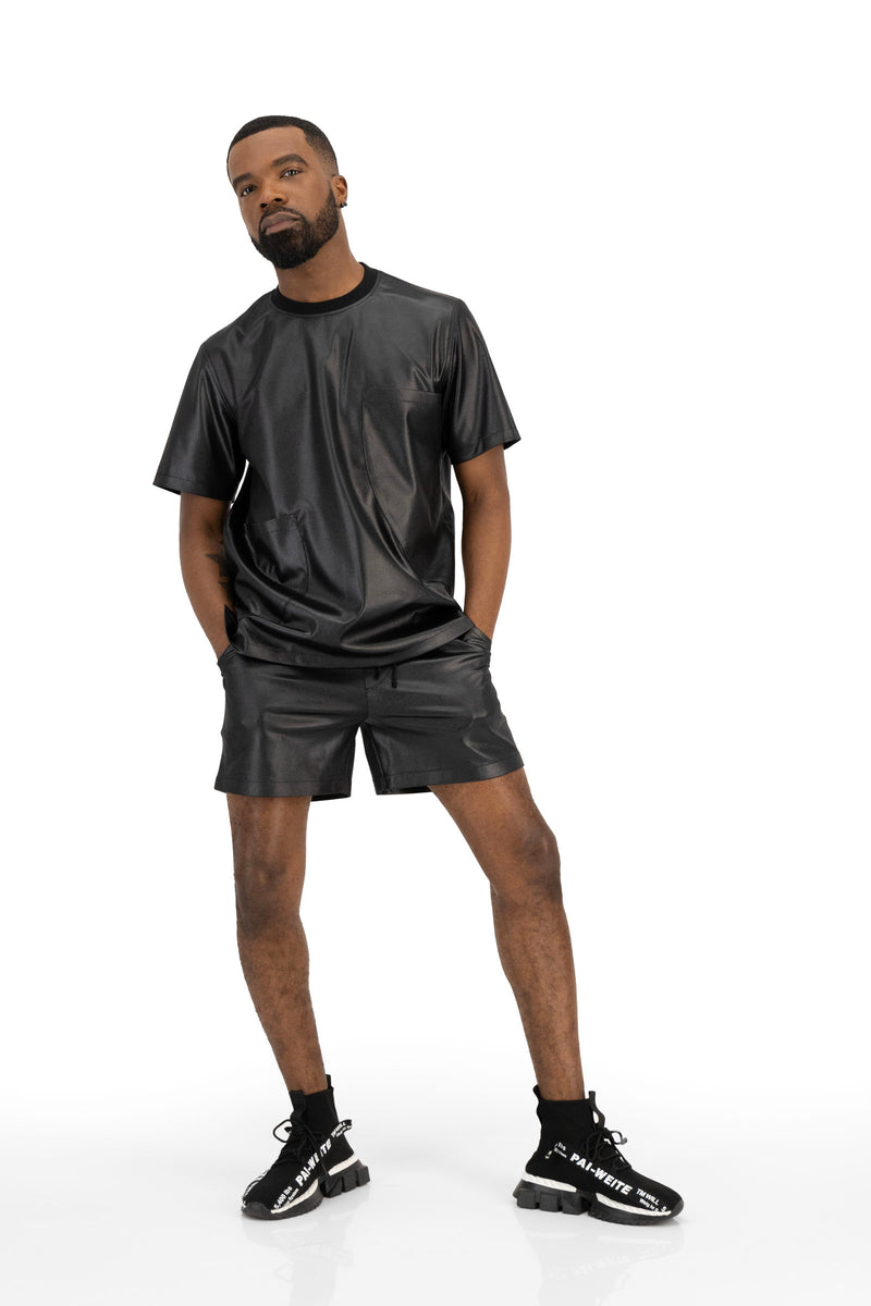 5-inch Black Illusion Leather Drawstring Shorts