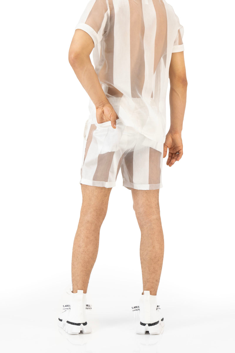Castaway Striped Organza Drawstring Shorts (OFF-WHITE)