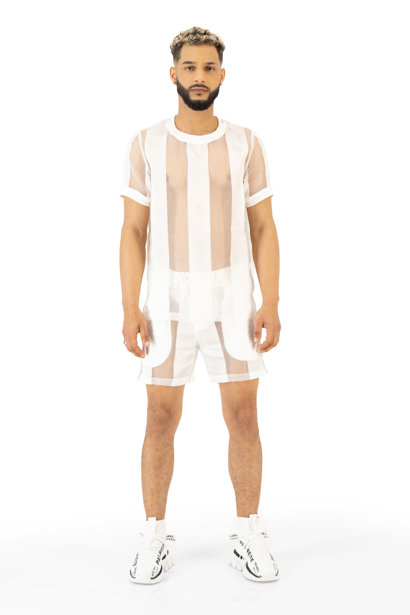 Castaway Striped Organza Pullover Shirt (OFF-WHITE)