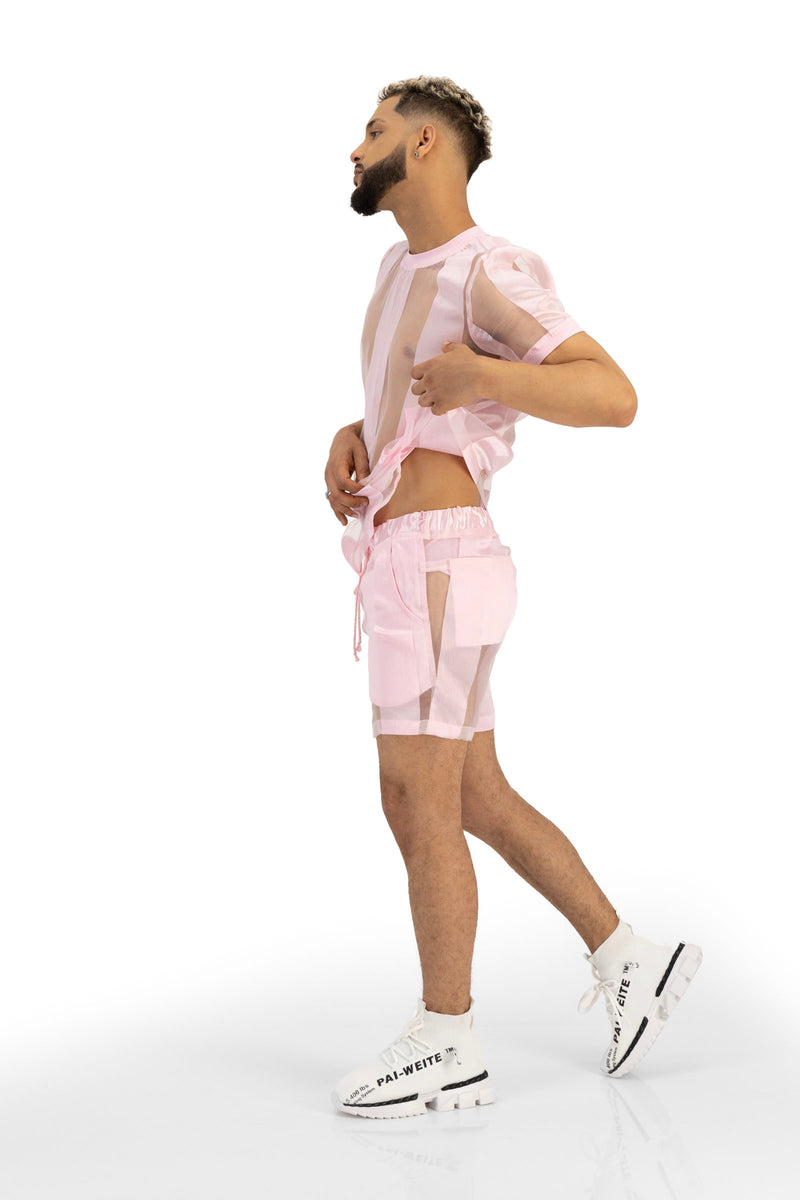 Castaway Striped Organza Drawstring Shorts (PINK)