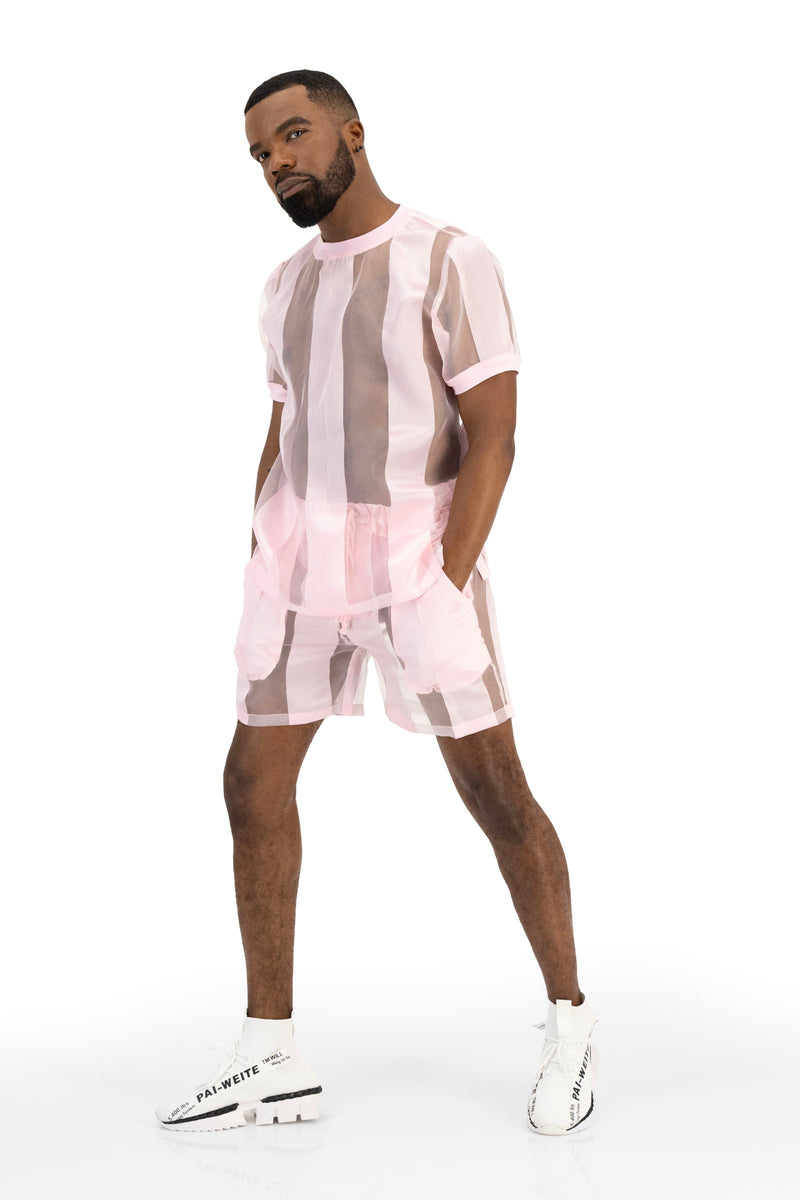 Castaway Striped Organza Drawstring Shorts (PINK)