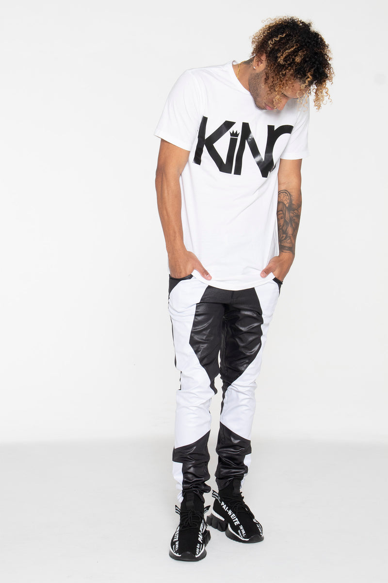 Black and White Illusion Leather Color Block Pants - pacorogiene