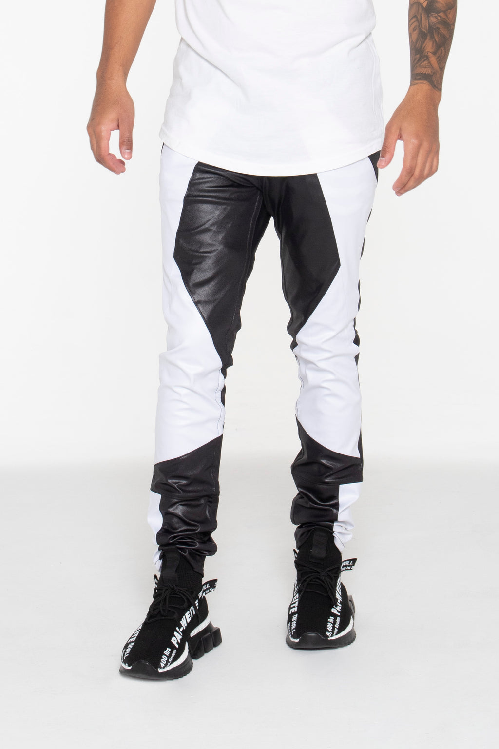 Black and White Illusion Leather Color Block Pants - pacorogiene