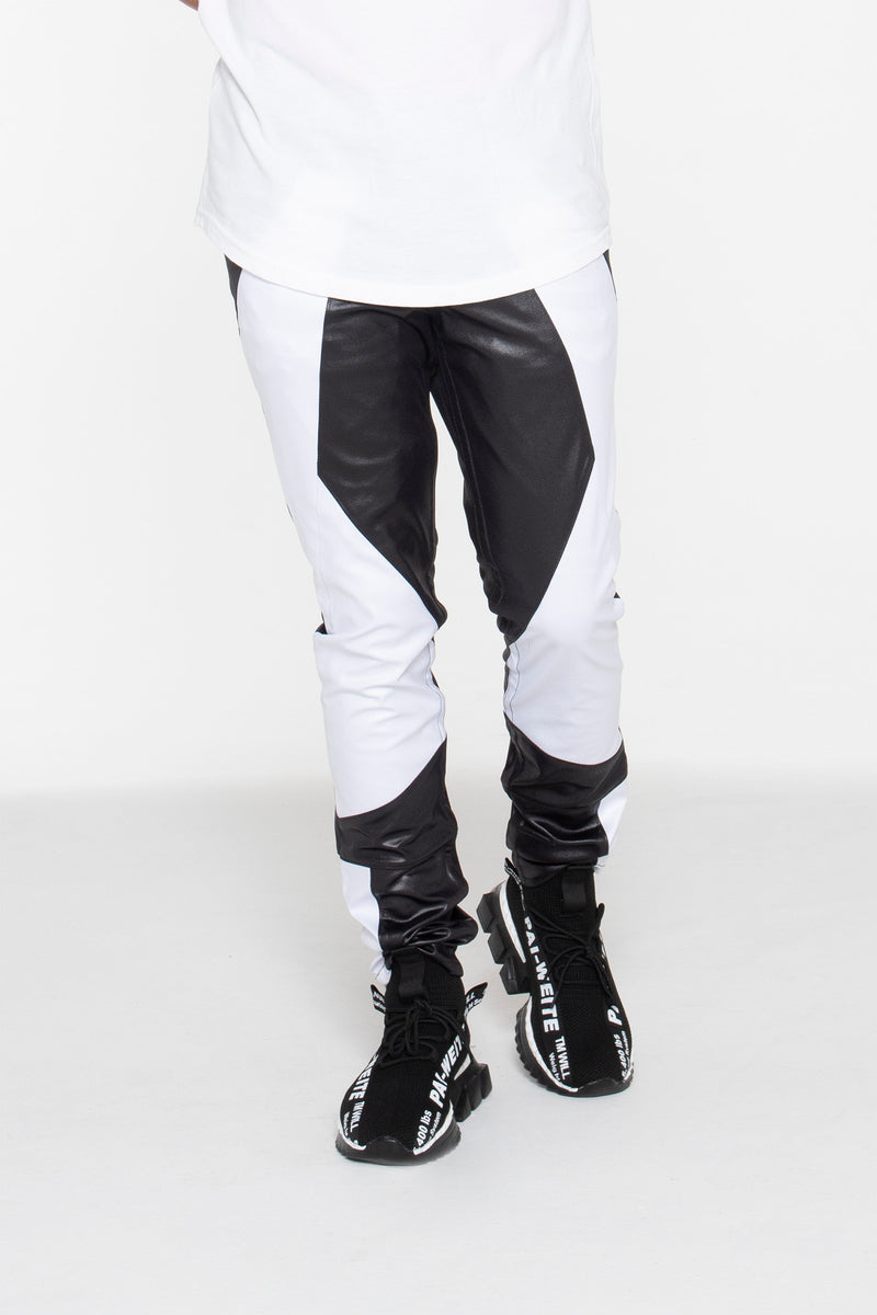Black and White Illusion Leather Color Block Pants - pacorogiene