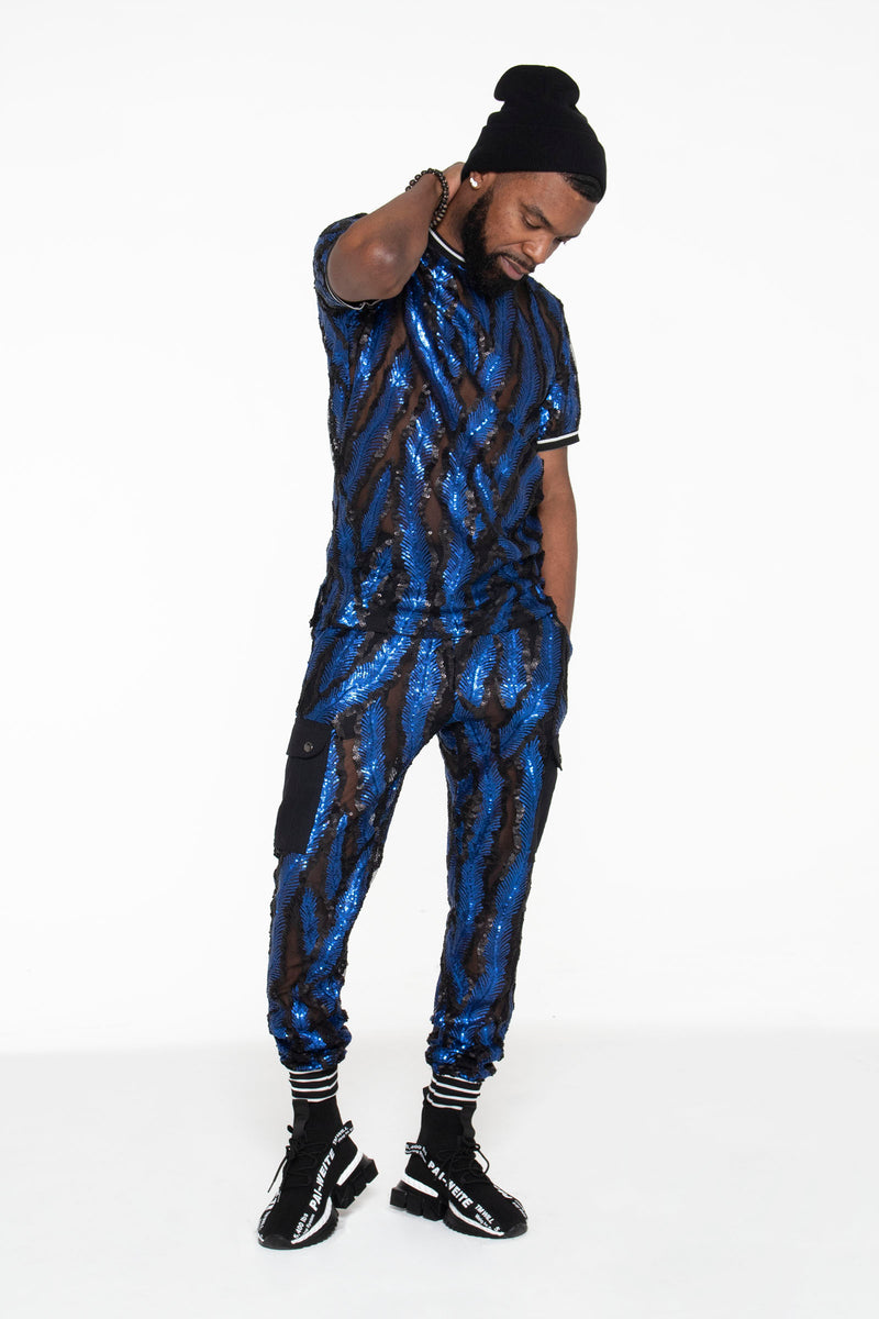 Blue and Black Sequin Castaway Joggers - pacorogiene