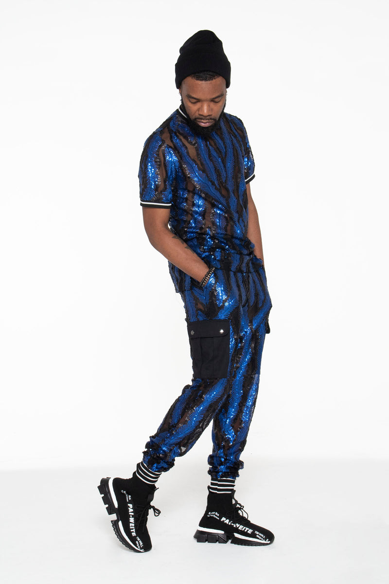 Blue and Black Sequin Castaway Joggers - pacorogiene