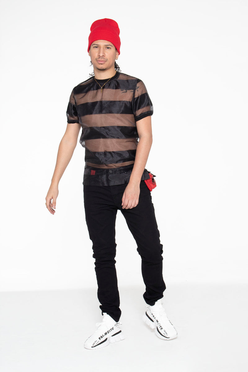 Castaway Horizontal Striped Organza T-Shirt (Black) - pacorogiene