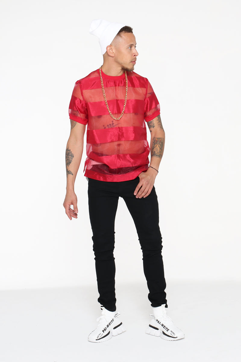 Castaway Horizontal Striped Organza T-Shirt (Red) - pacorogiene