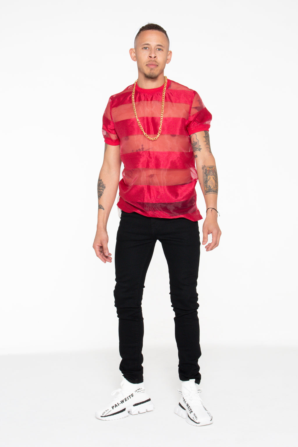 Castaway Horizontal Striped Organza T-Shirt (Red) - pacorogiene