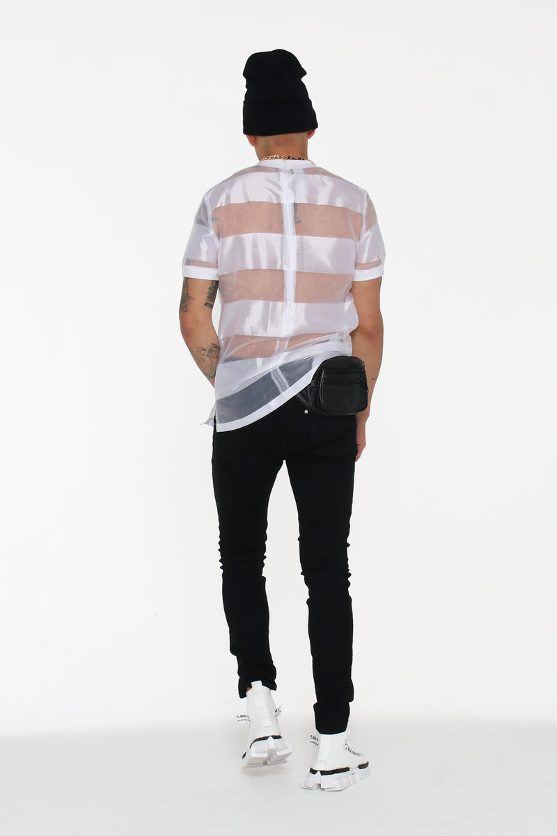 Castaway Horizontal Striped Organza T-Shirt (White) - pacorogiene