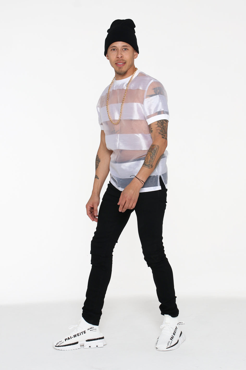 Castaway Horizontal Striped Organza T-Shirt (White) - pacorogiene