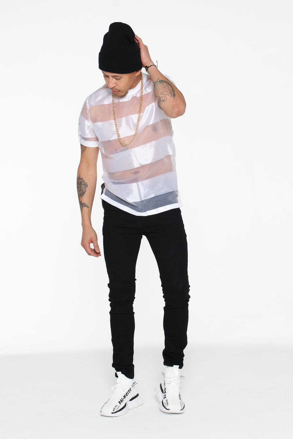 Castaway Horizontal Striped Organza T-Shirt (White) - pacorogiene