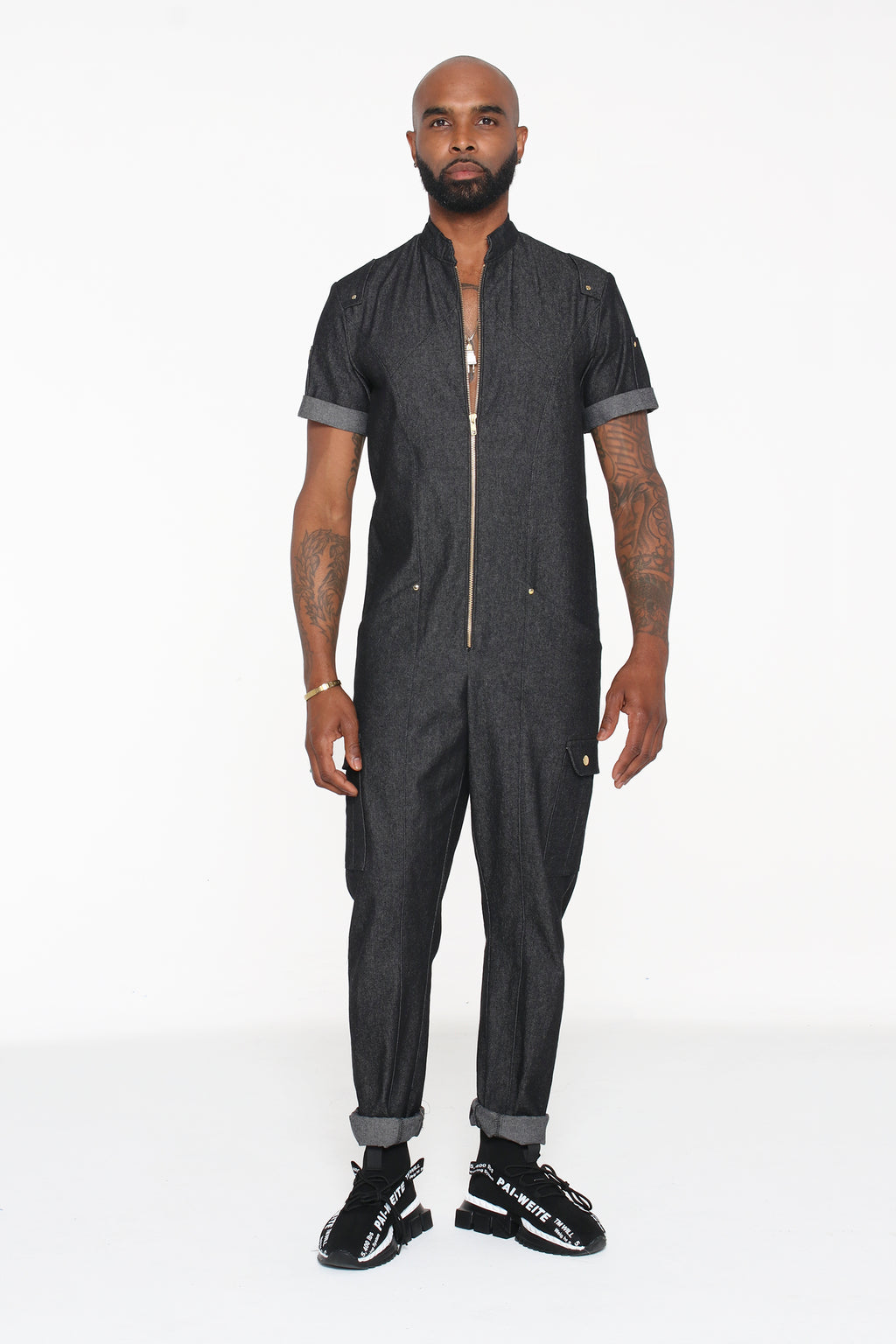 Black Denim Short-Sleeve Jumpsuit - pacorogiene