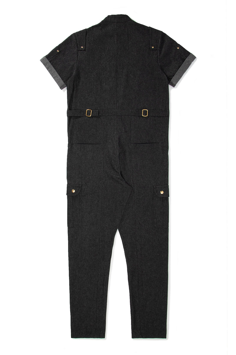 Black Denim Short-Sleeve Jumpsuit - pacorogiene