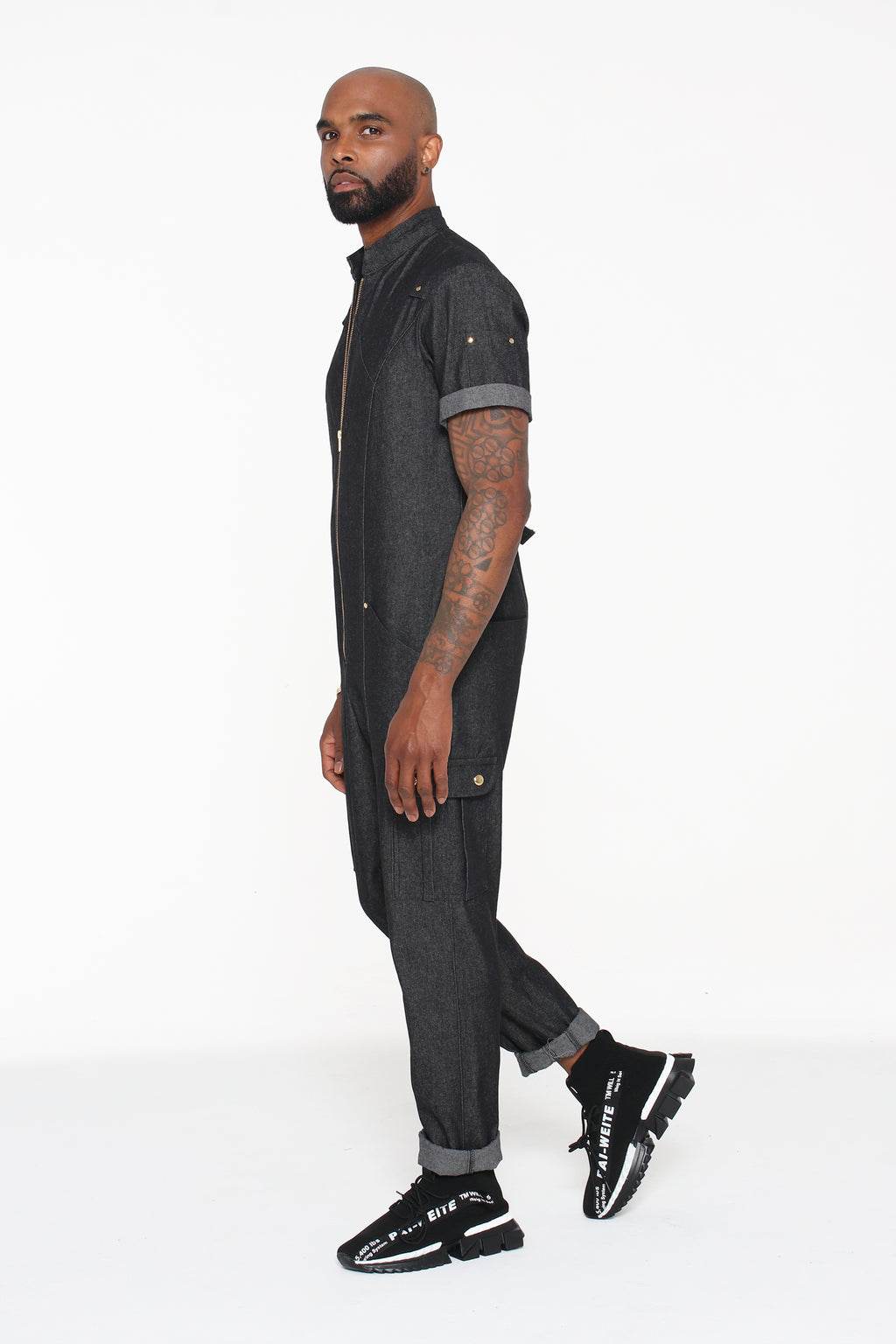 Black Denim Short-Sleeve Jumpsuit - pacorogiene