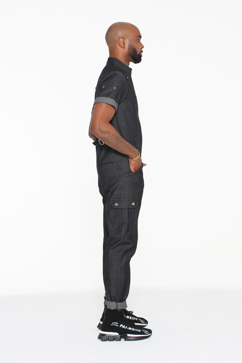 Black Denim Short-Sleeve Jumpsuit - pacorogiene