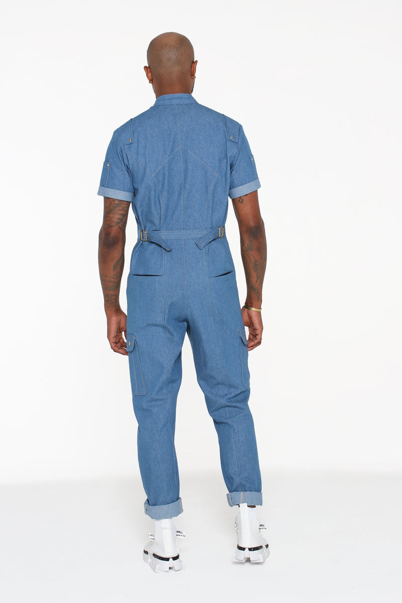 Light Blue Denim Short-Sleeve Jumpsuit - pacorogiene