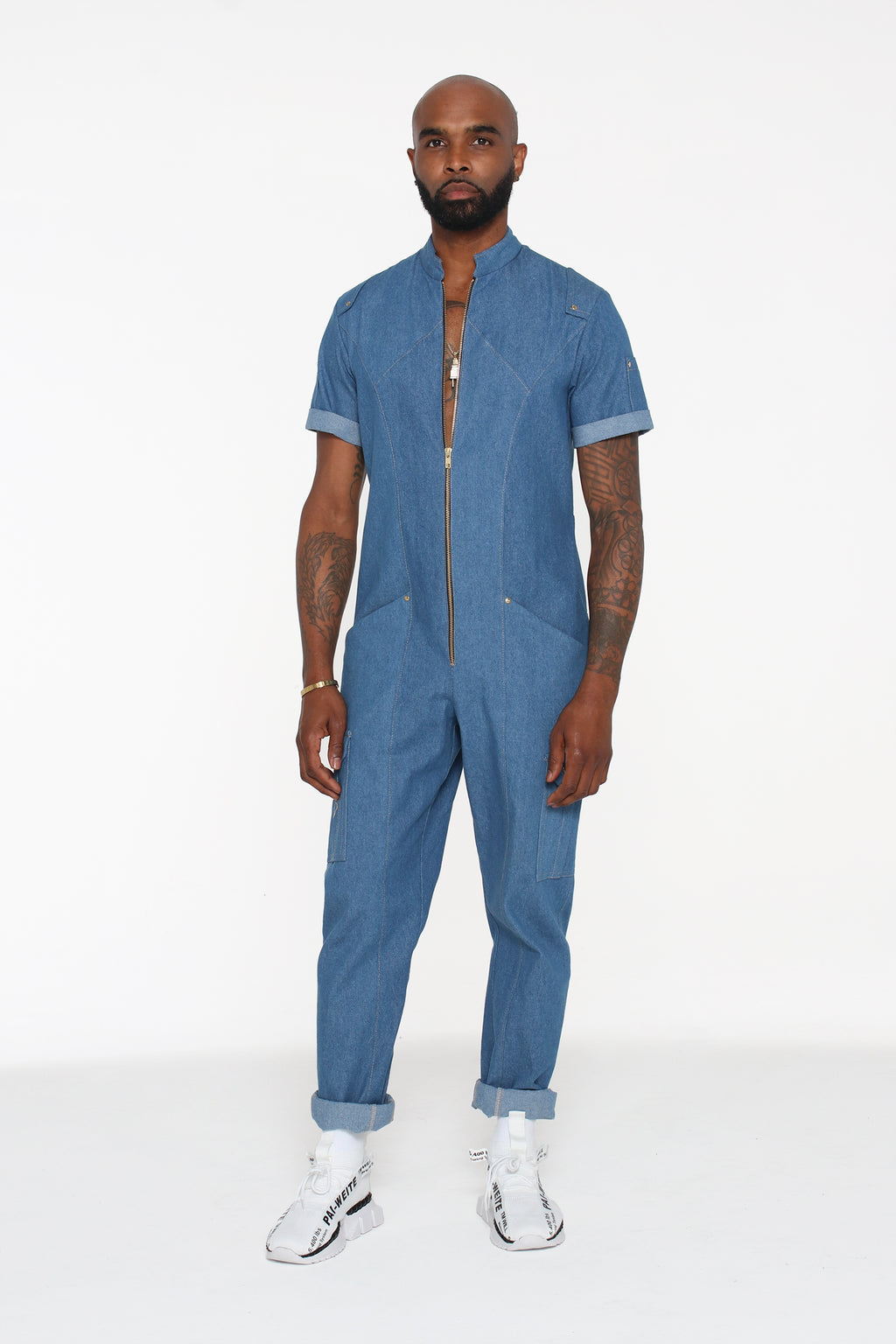 Light Blue Denim Short-Sleeve Jumpsuit - pacorogiene