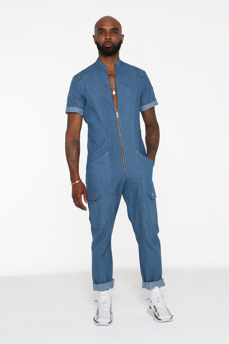 Light Blue Denim Short-Sleeve Jumpsuit - pacorogiene