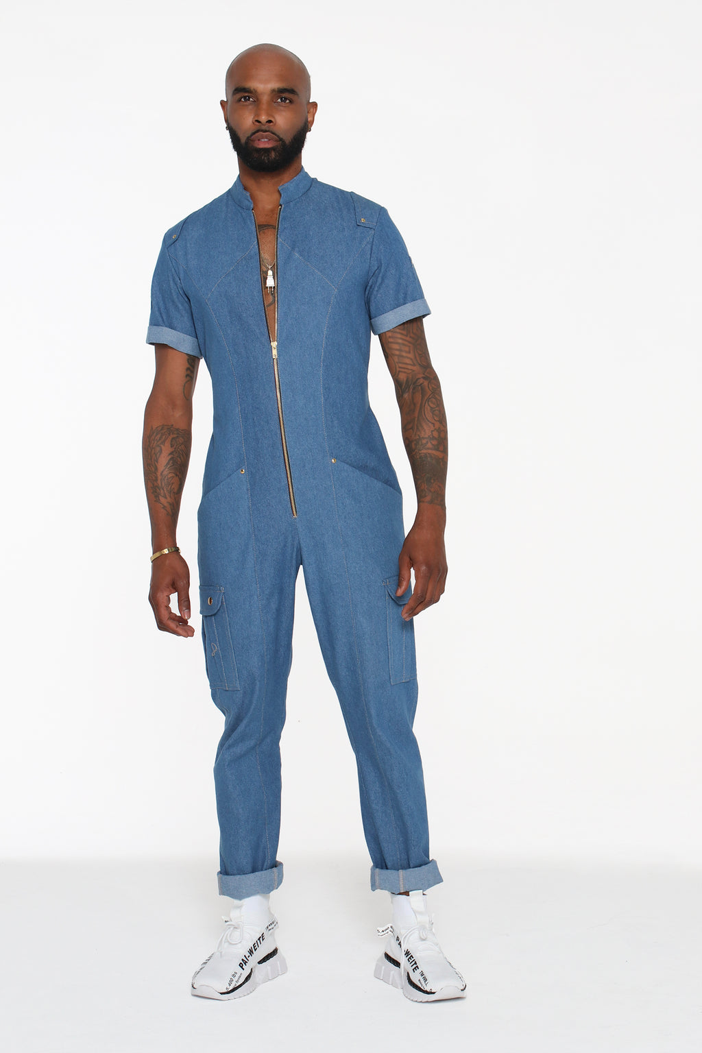 Light Blue Denim Short-Sleeve Jumpsuit - pacorogiene