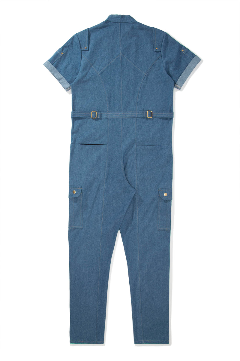 Light Blue Denim Short-Sleeve Jumpsuit - pacorogiene