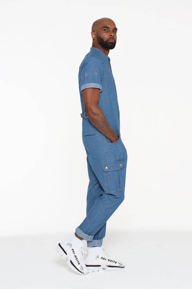 Light Blue Denim Short-Sleeve Jumpsuit - pacorogiene