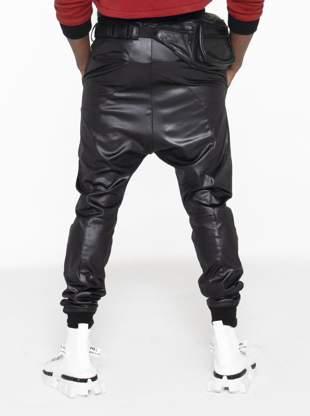 Black Illusion Leather Drawstring Joggers - pacorogiene