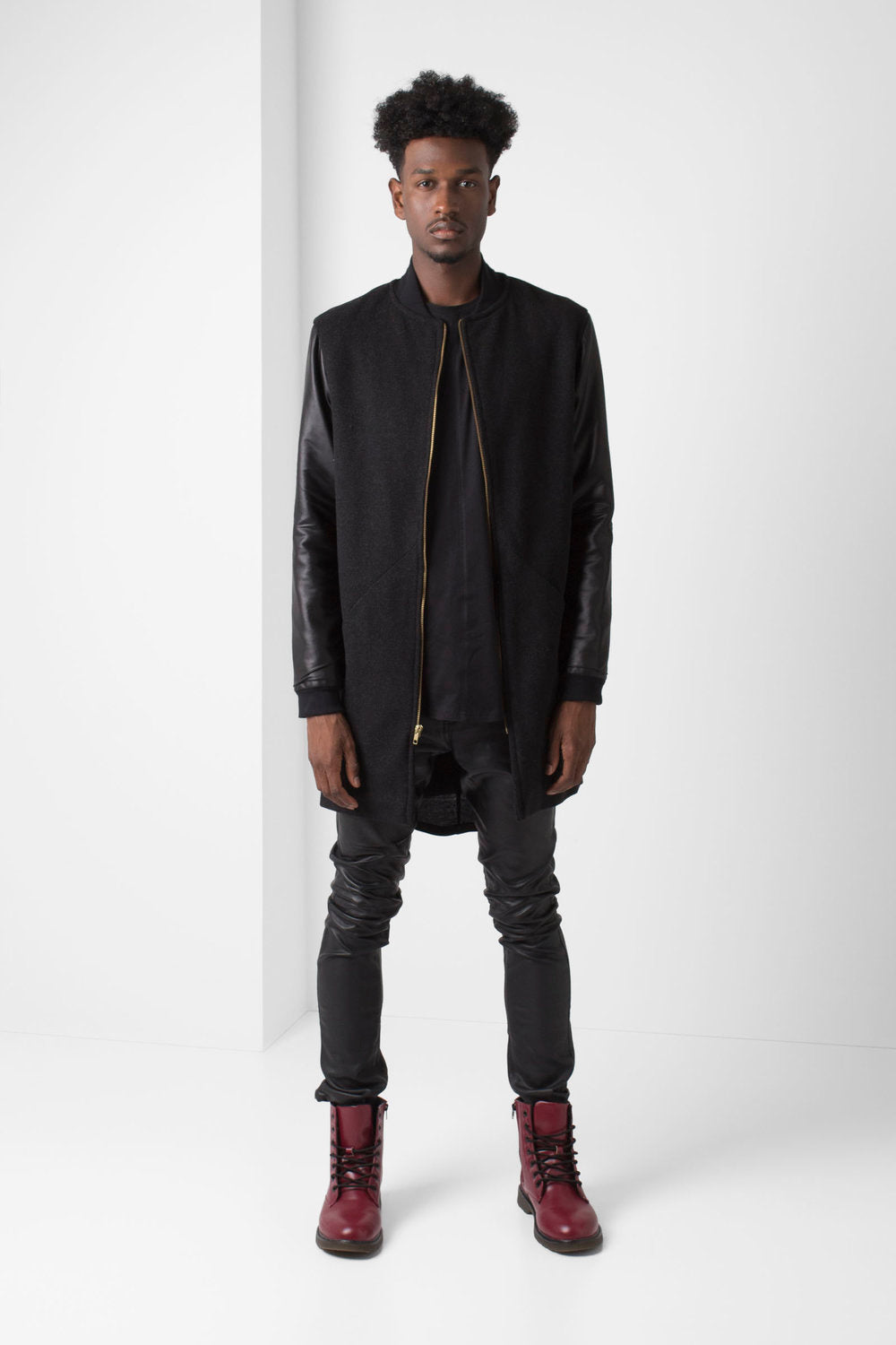Black Wool long-line Jacket with Faux Leather Sleeves - pacorogiene