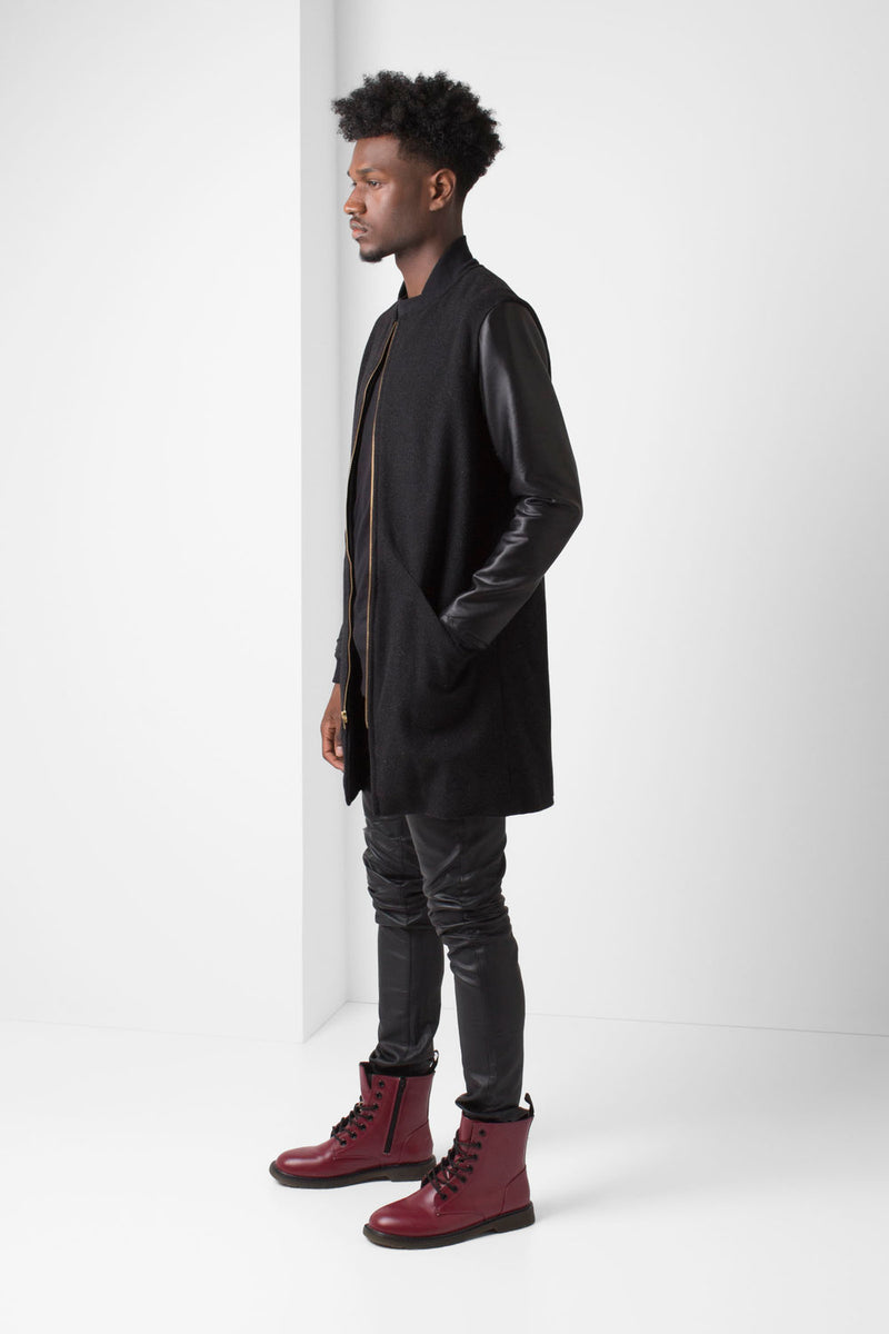 Black Wool long-line Jacket with Faux Leather Sleeves - pacorogiene