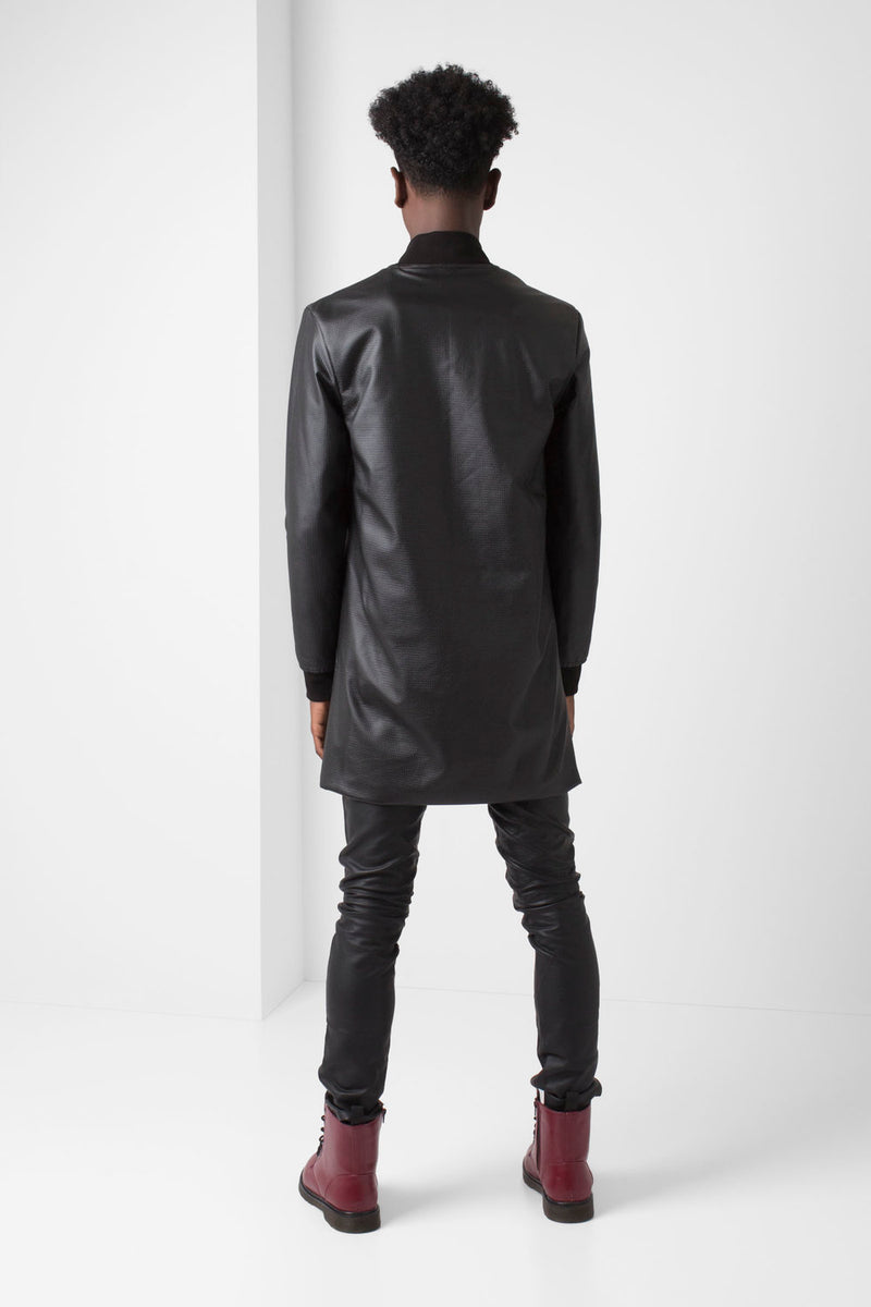 Black Faux Leather Long-Line Jacket - pacorogiene
