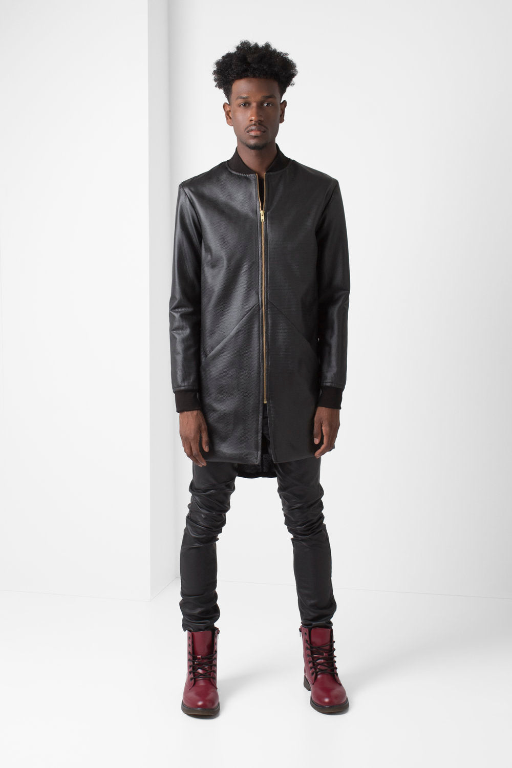 Black Faux Leather Long-Line Jacket - pacorogiene