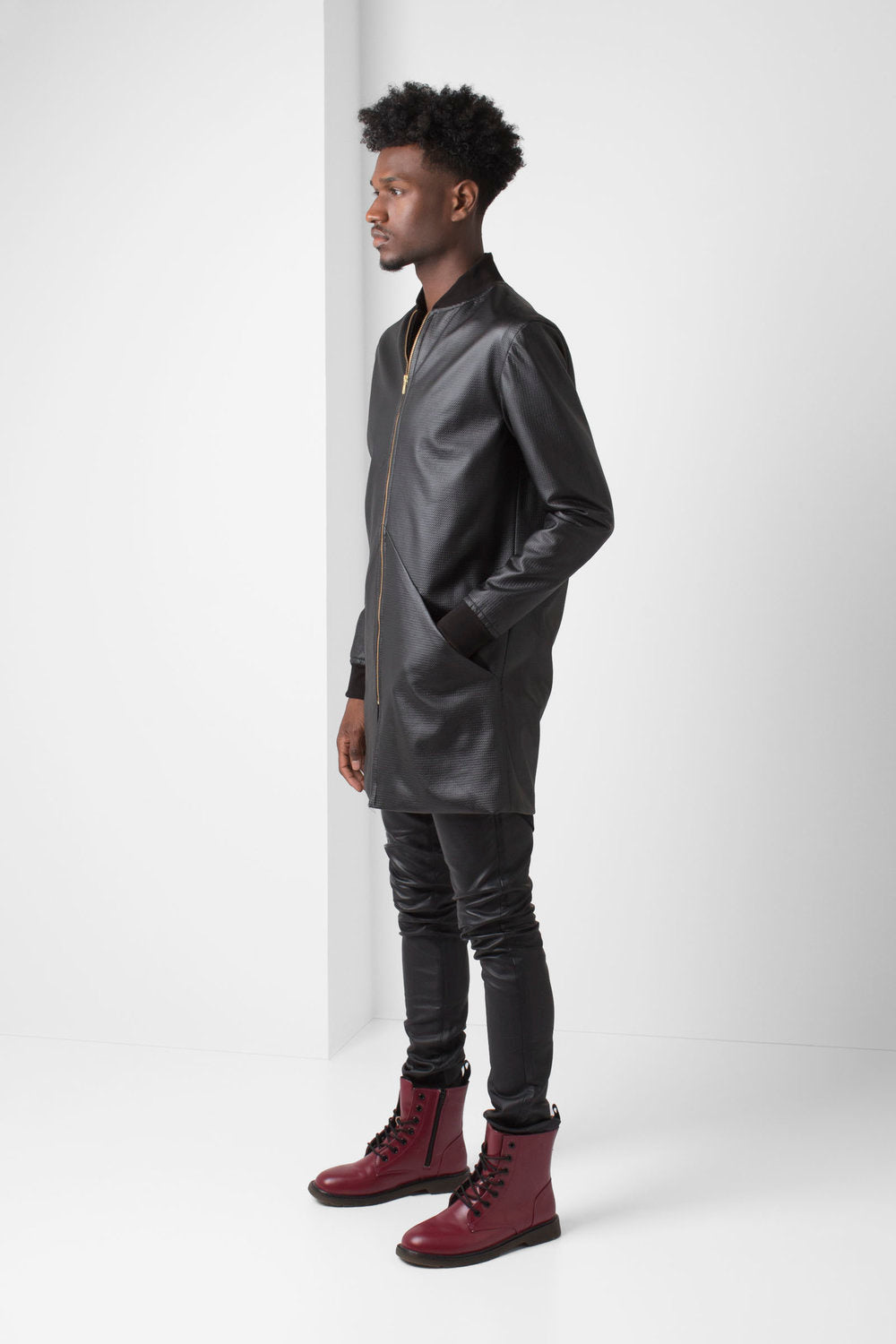 Black Faux Leather Long-Line Jacket - pacorogiene