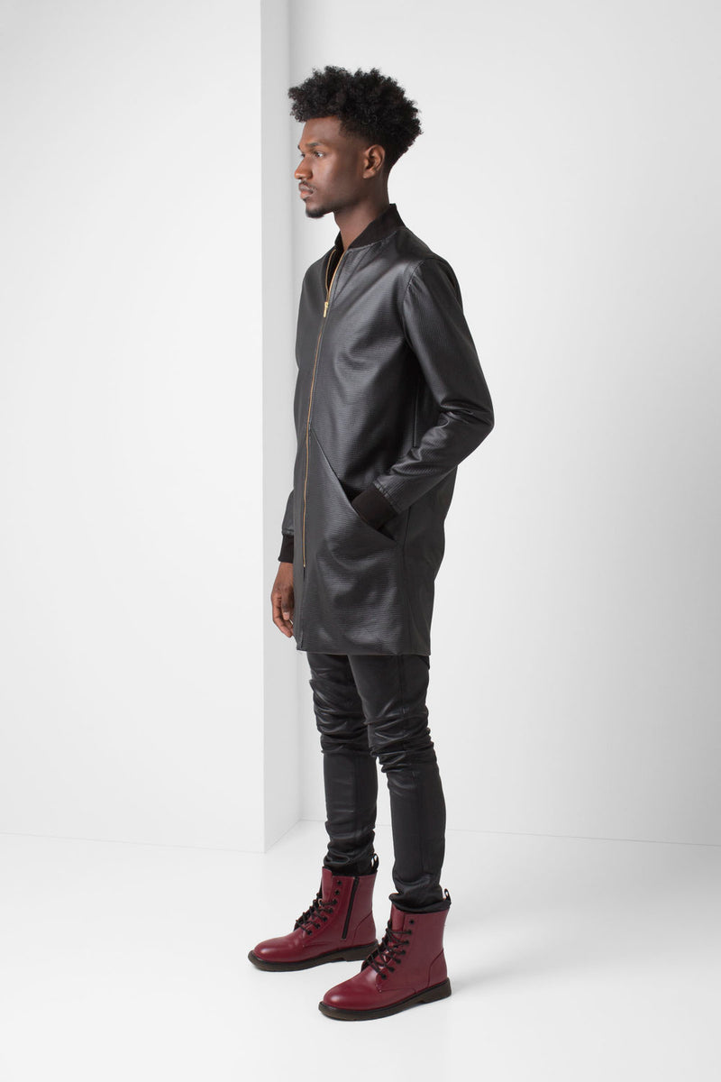 Black Faux Leather Long-Line Jacket - pacorogiene