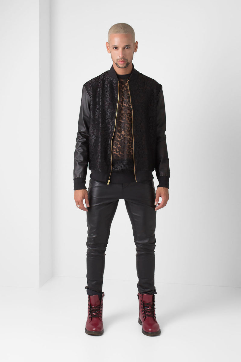 Lace Overlay Bomber Jacket with Faux Leather Sleeves- Black - pacorogiene