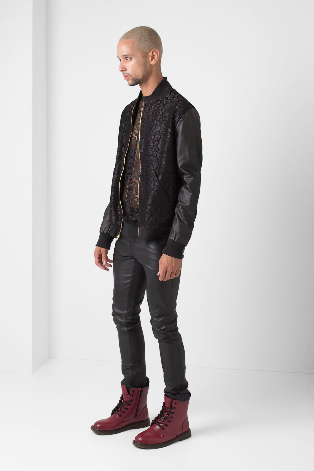 Lace Overlay Bomber Jacket with Faux Leather Sleeves- Black - pacorogiene