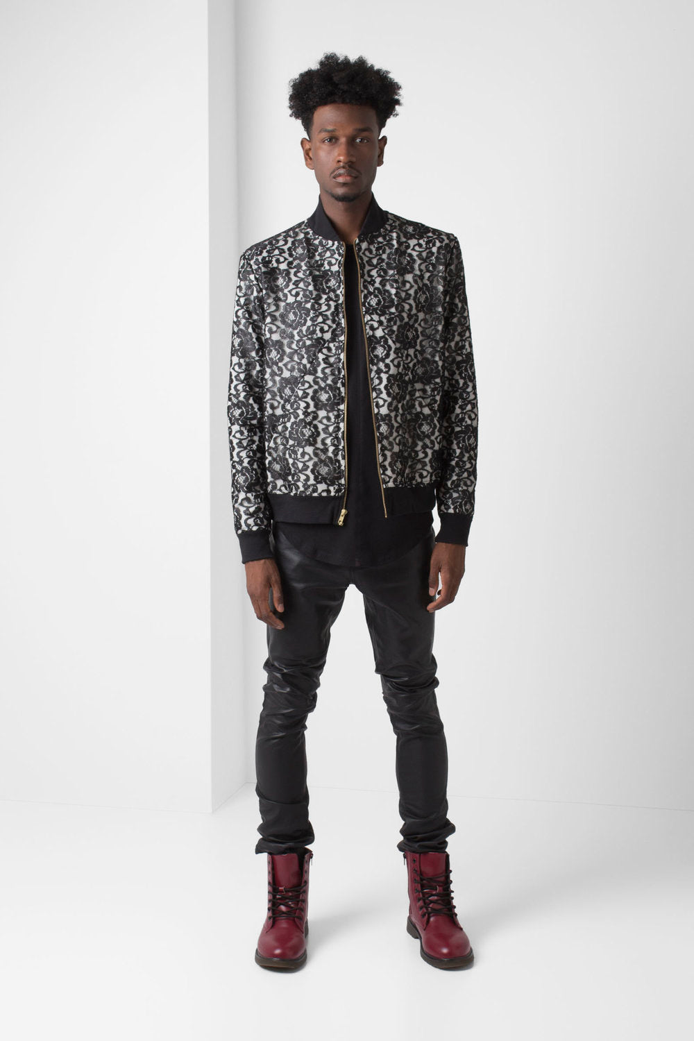 Lace Overlay Bomber Jacket -White - pacorogiene