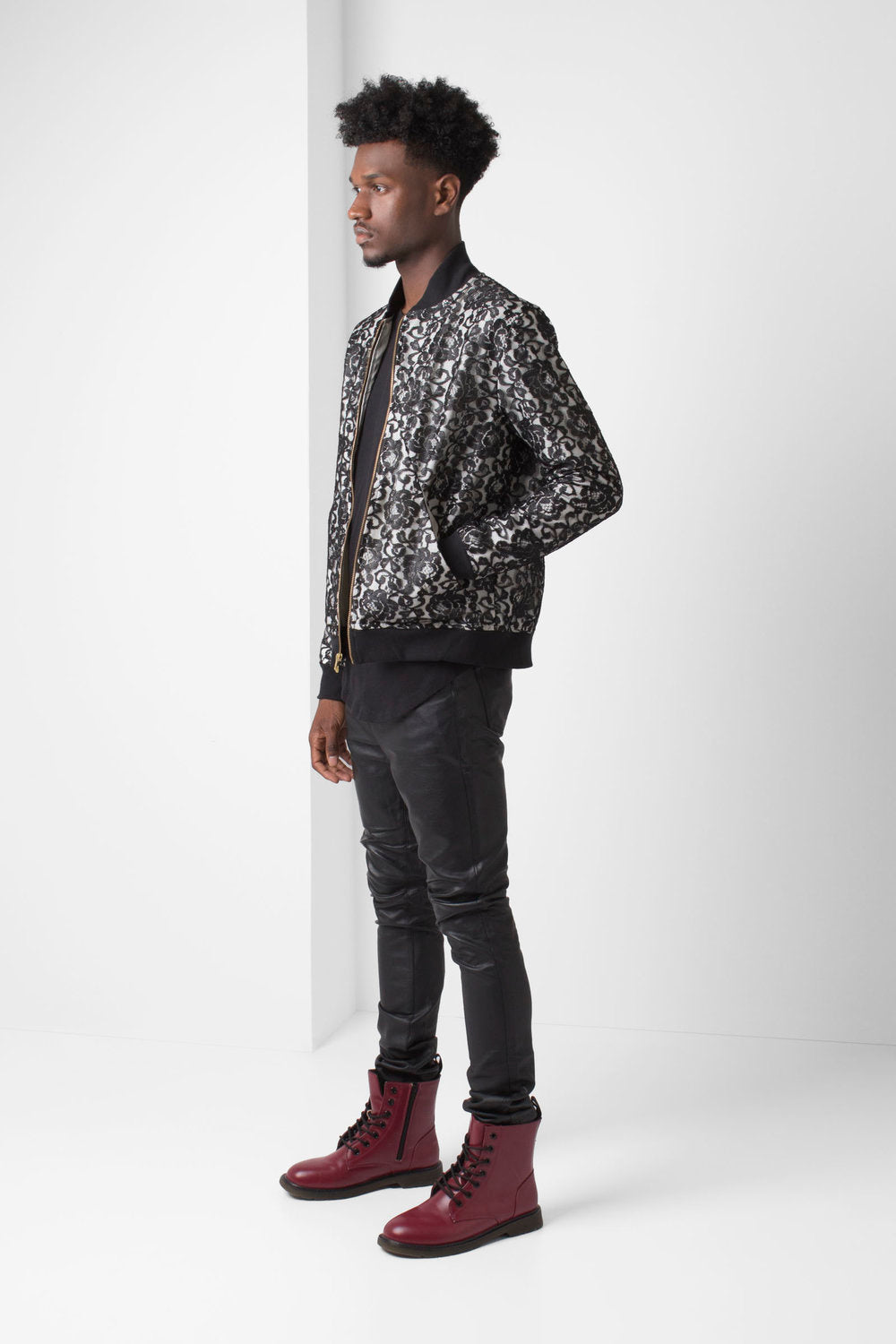 Lace Overlay Bomber Jacket -White - pacorogiene