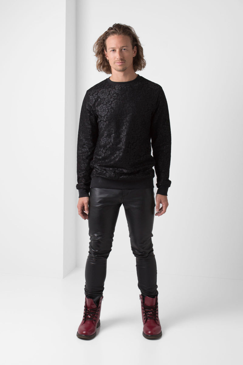 Lace Overlay Sweatshirt - Black - pacorogiene