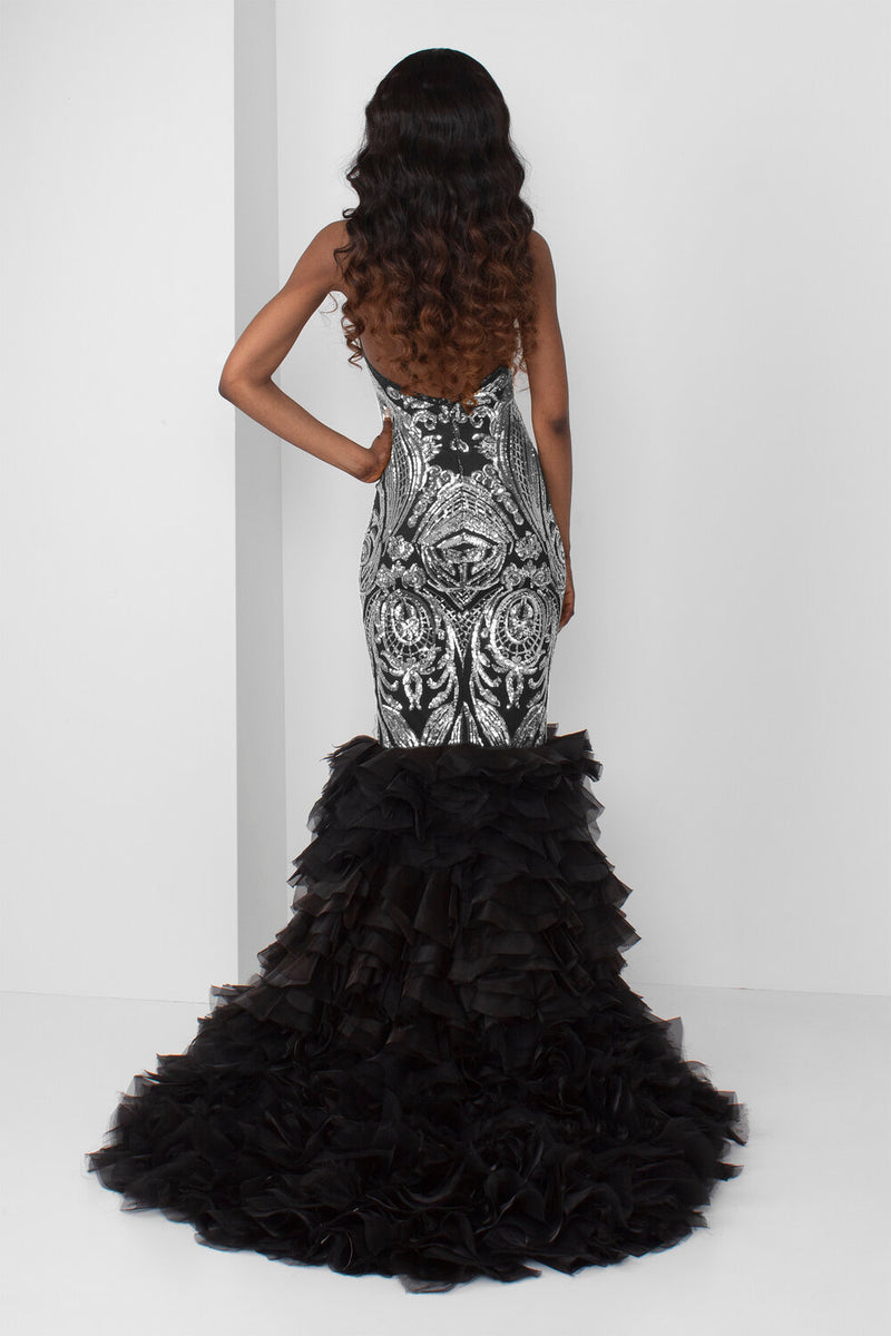 Silver Sequin Halter Gown with Organza Pedal Bottom - pacorogiene