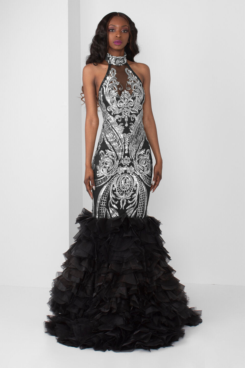 Silver Sequin Halter Gown with Organza Pedal Bottom